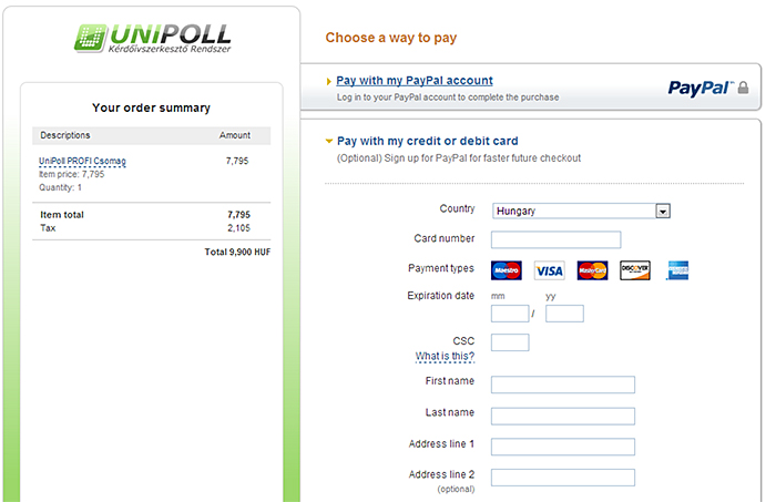PayPal bankkártyás fizetés űrlap